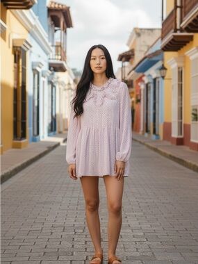 Free People Light Pink Ruffle-Yoke Long-Sleeve Mini Dress